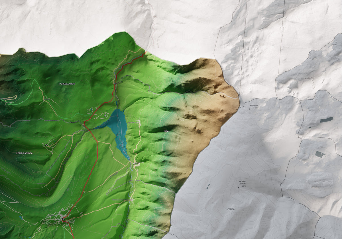 Mapa de relleu del Capcir, amb el territori en color i l’entorn en blanc. Detall de la part superior dreta. 70 × 100 cm. Estil Clàssic.