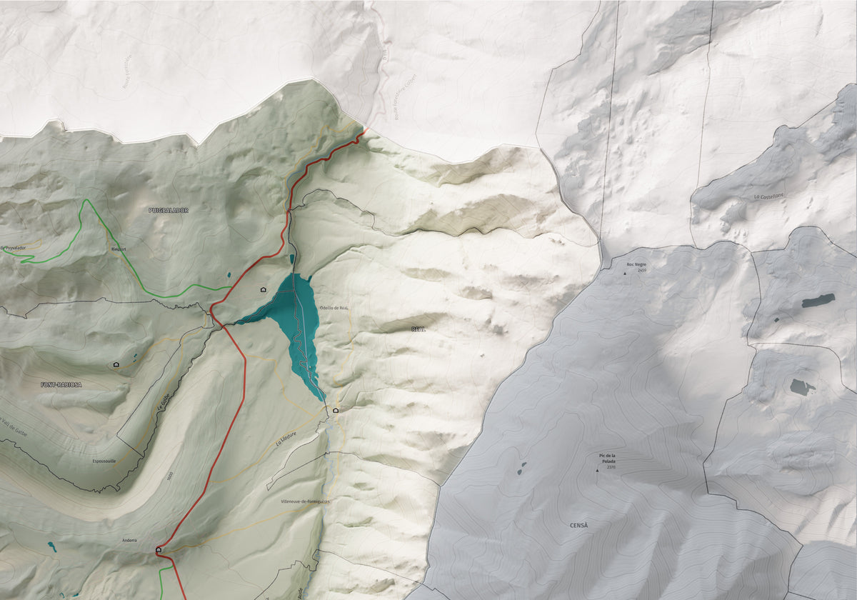 Mapa de relleu del Capcir, amb el territori en color i l’entorn en blanc. Detall de la part superior dreta. 70 × 100 cm. Estil Cartogràfic.