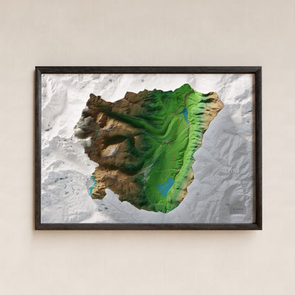 Mapa de relleu del Capcir, amb el territori en color i l’entorn en blanc. Presentació amb marc. 70 × 100 cm. Estil Clàssic.