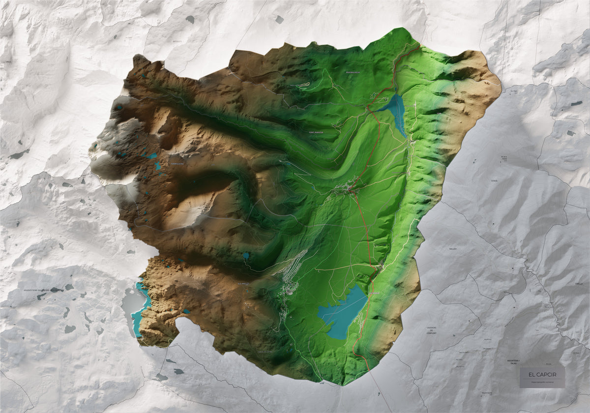 Mapa de relleu del Capcir, amb el territori en color i l’entorn en blanc. Vista completa de la làmina. 70 × 100 cm. Estil Clàssic.
