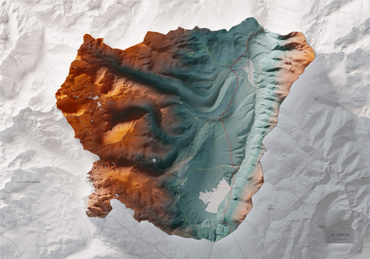 Mapa de relleu del Capcir, amb el territori en color i l’entorn en blanc. Vista completa de la làmina. 70 × 100 cm. Estil Contrastat.