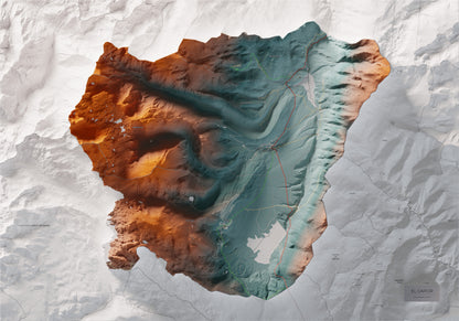 Mapa de relleu del Capcir, amb el territori en color i l’entorn en blanc. Vista completa de la làmina. 70 × 100 cm. Estil Contrastat.