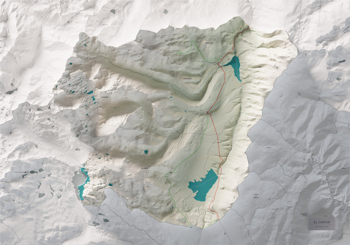Mapa de relleu del Capcir, amb el territori en color i l’entorn en blanc. Vista completa de la làmina. 70 × 100 cm. Estil Cartogràfic.