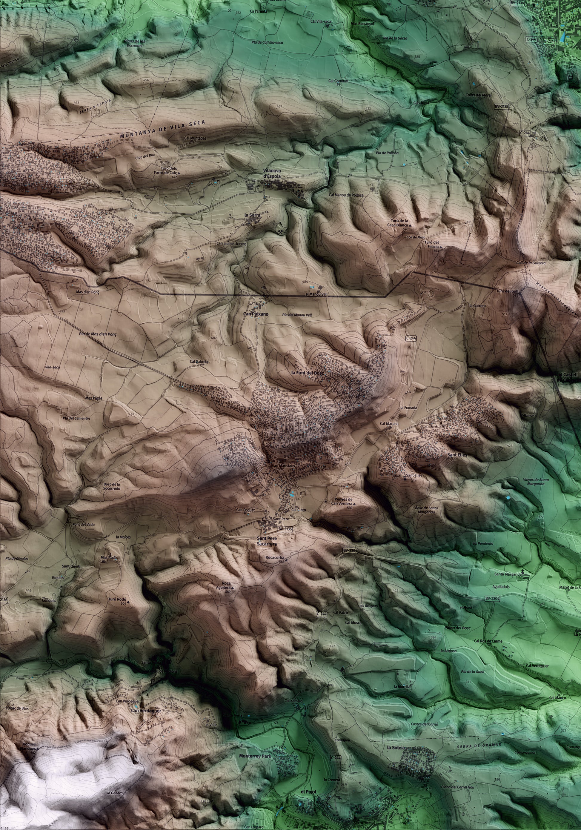 Mapa artístico del relieve de Capellades, al Anoia, con 15 km de entorno y base topográfica ICGC. Detalle de la zona inferior izquierda.