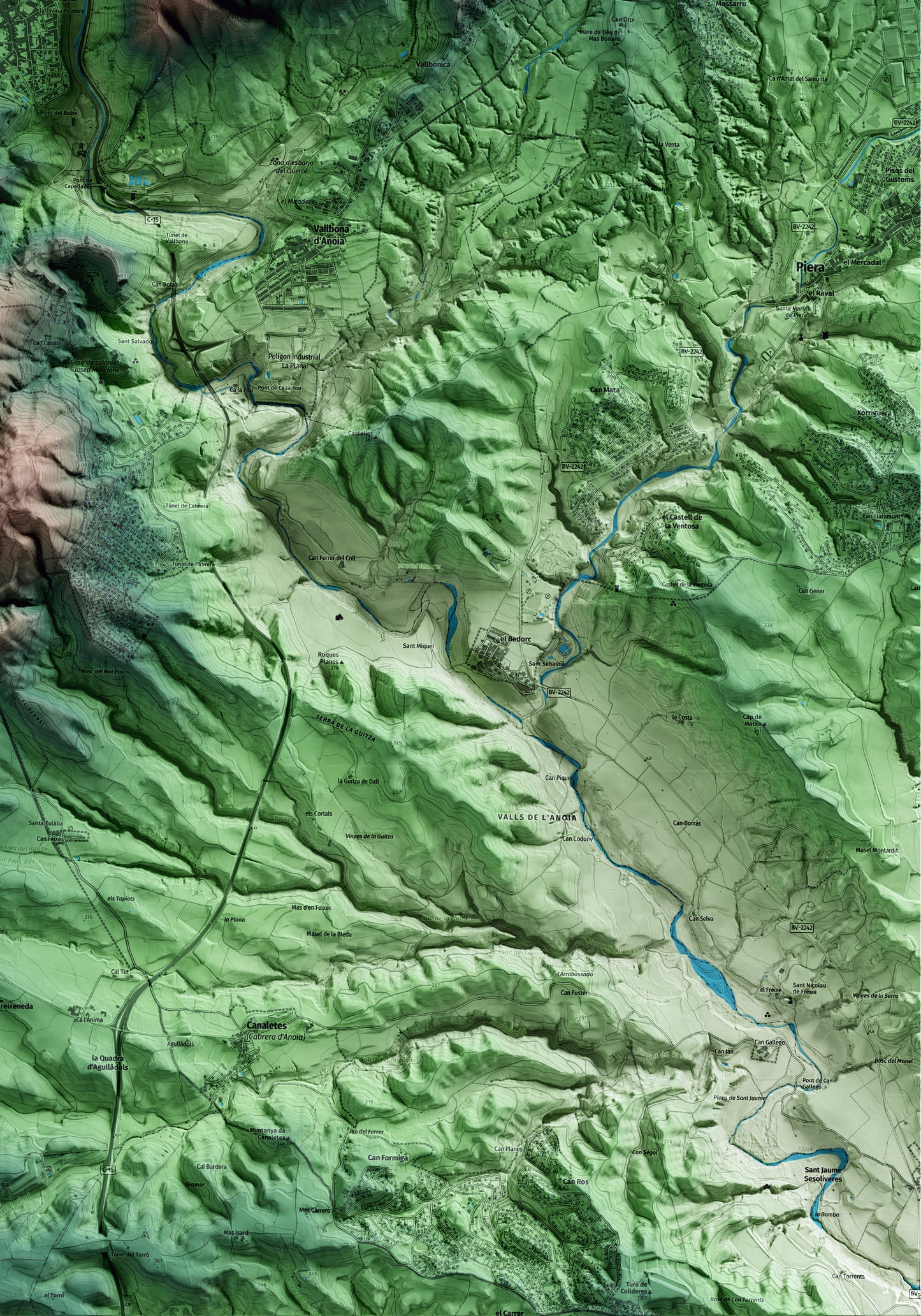 Mapa artístico del relieve de Capellades, al Anoia, con 15 km de entorno y base topográfica ICGC. Detalle de la zona inferior derecha.