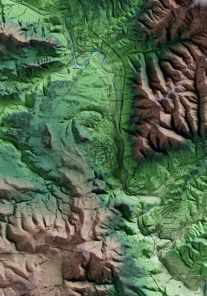 Mapa artístico del relieve de Capellades, al Anoia, con 15 km de entorno y base topográfica ICGC. Detalle de la zona central.