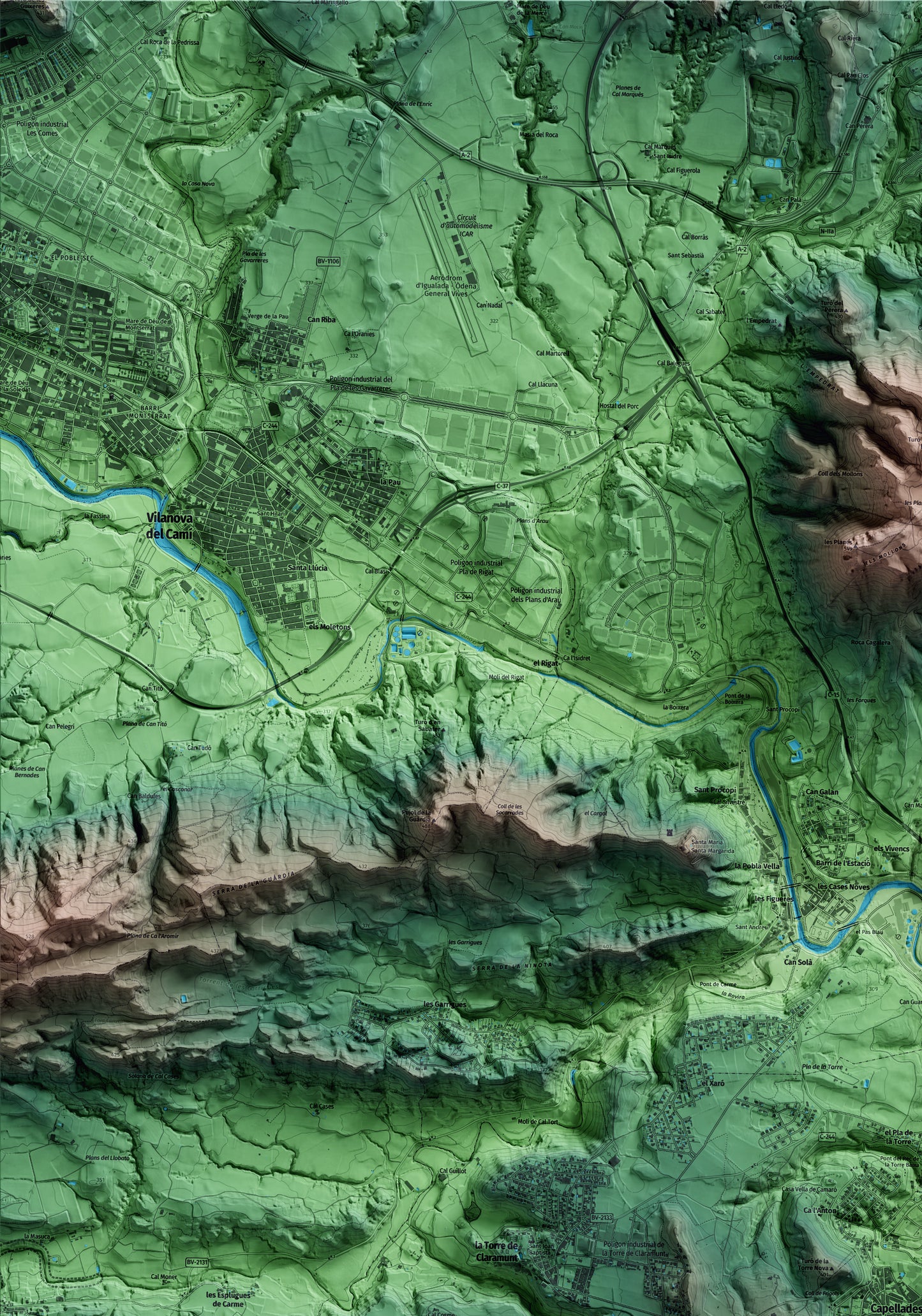 Mapa artístico del relieve de Capellades, al Anoia, con 15 km de entorno y base topográfica ICGC. Detalle de la zona superior izquierda.