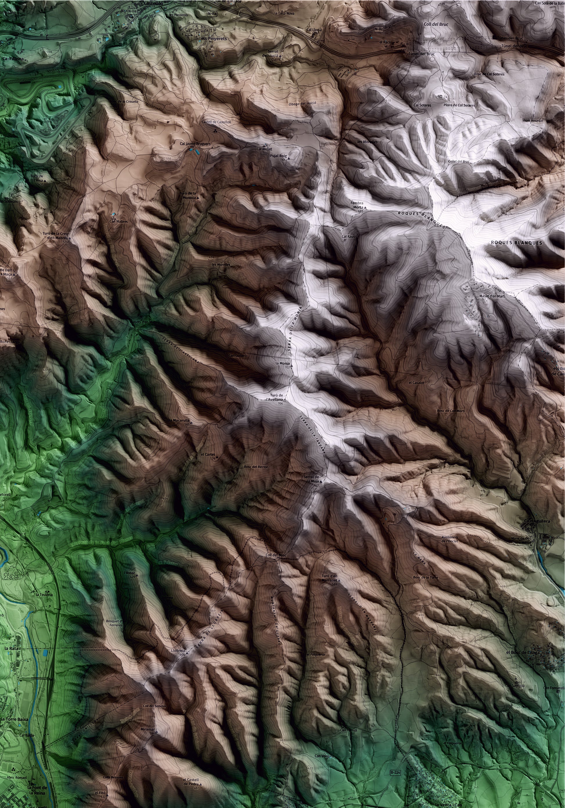 Mapa artístico del relieve de Capellades, al Anoia, con 15 km de entorno y base topográfica ICGC. Detalle de la zona superior derecha.