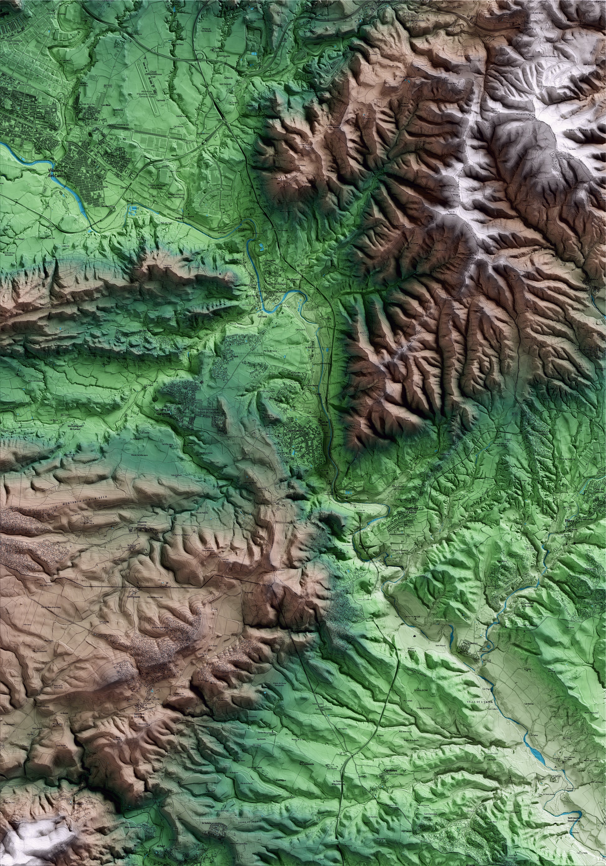 Mapa artístico del relieve de Capellades, al Anoia, con 15 km de entorno y base topográfica ICGC
