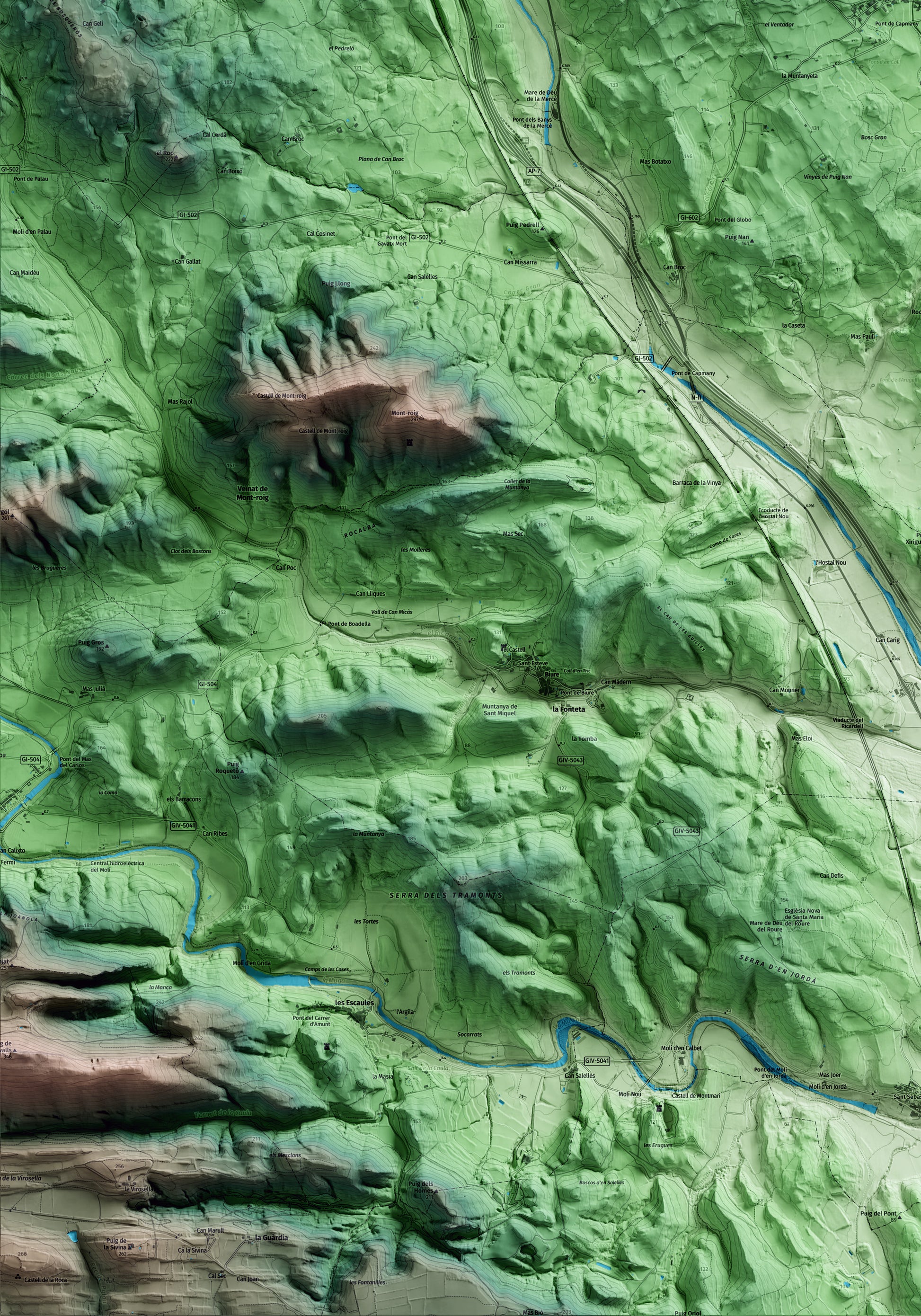 Mapa artístico del relieve de Capmany, al Alt Empordà, con 15 km de entorno y base topográfica ICGC. Detalle de la zona inferior izquierda.