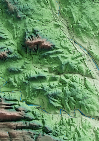 Mapa artístico del relieve de Capmany, al Alt Empordà, con 15 km de entorno y base topográfica ICGC. Detalle de la zona inferior izquierda.