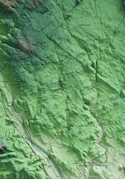 Mapa artístico del relieve de Capmany, al Alt Empordà, con 15 km de entorno y base topográfica ICGC. Detalle de la zona central.