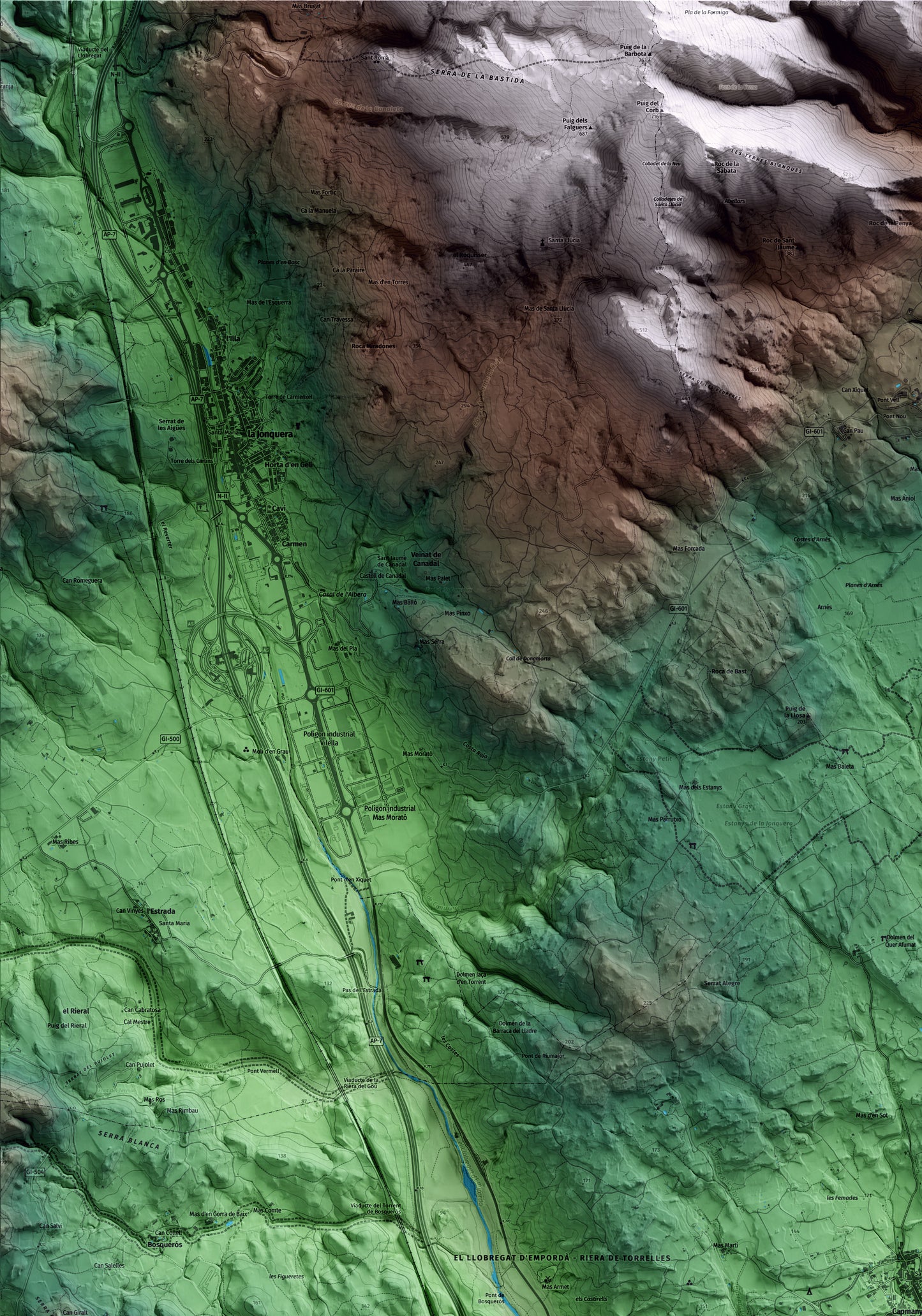 Mapa artístico del relieve de Capmany, al Alt Empordà, con 15 km de entorno y base topográfica ICGC. Detalle de la zona superior izquierda.