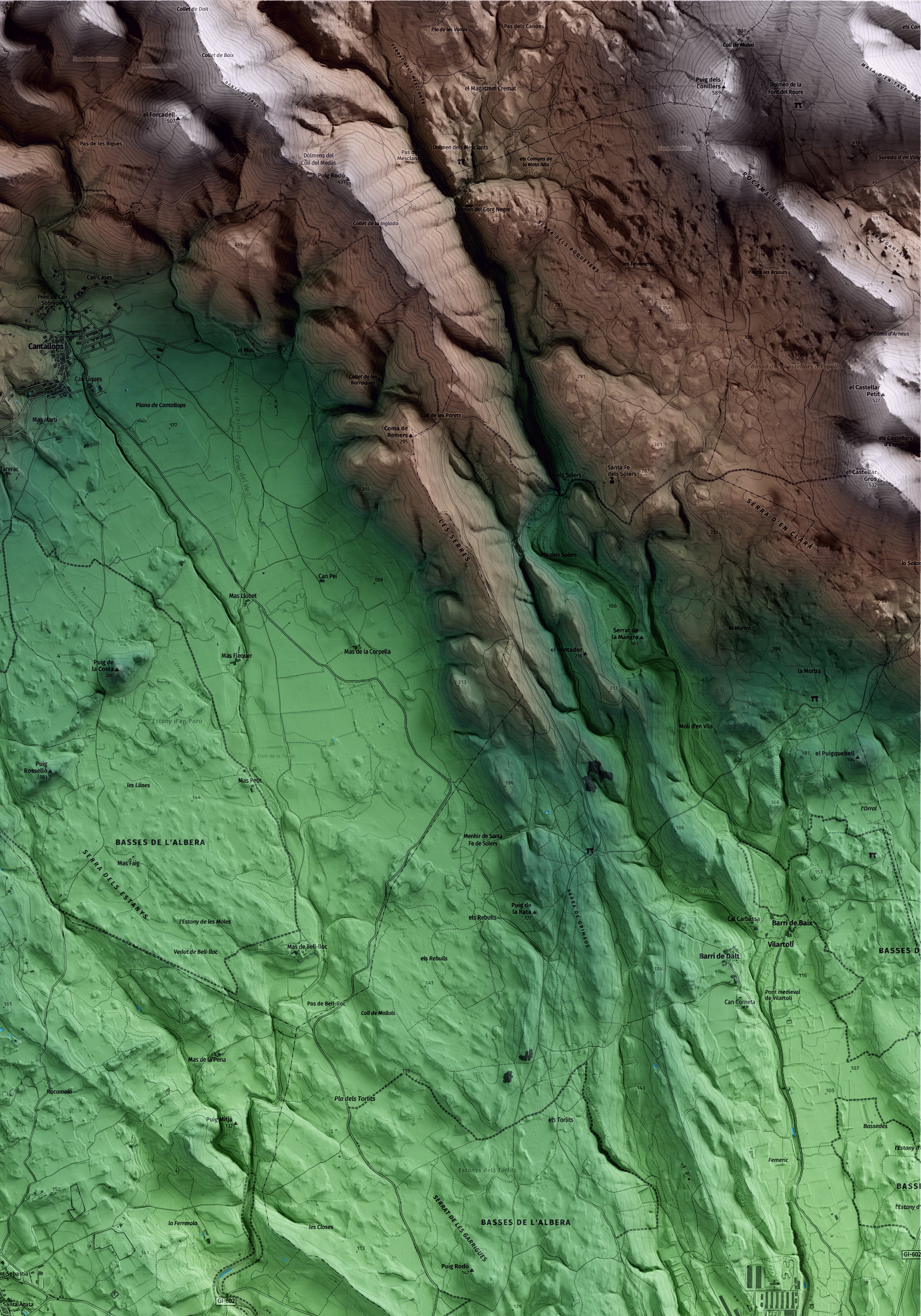 Mapa artístico del relieve de Capmany, al Alt Empordà, con 15 km de entorno y base topográfica ICGC. Detalle de la zona superior derecha.