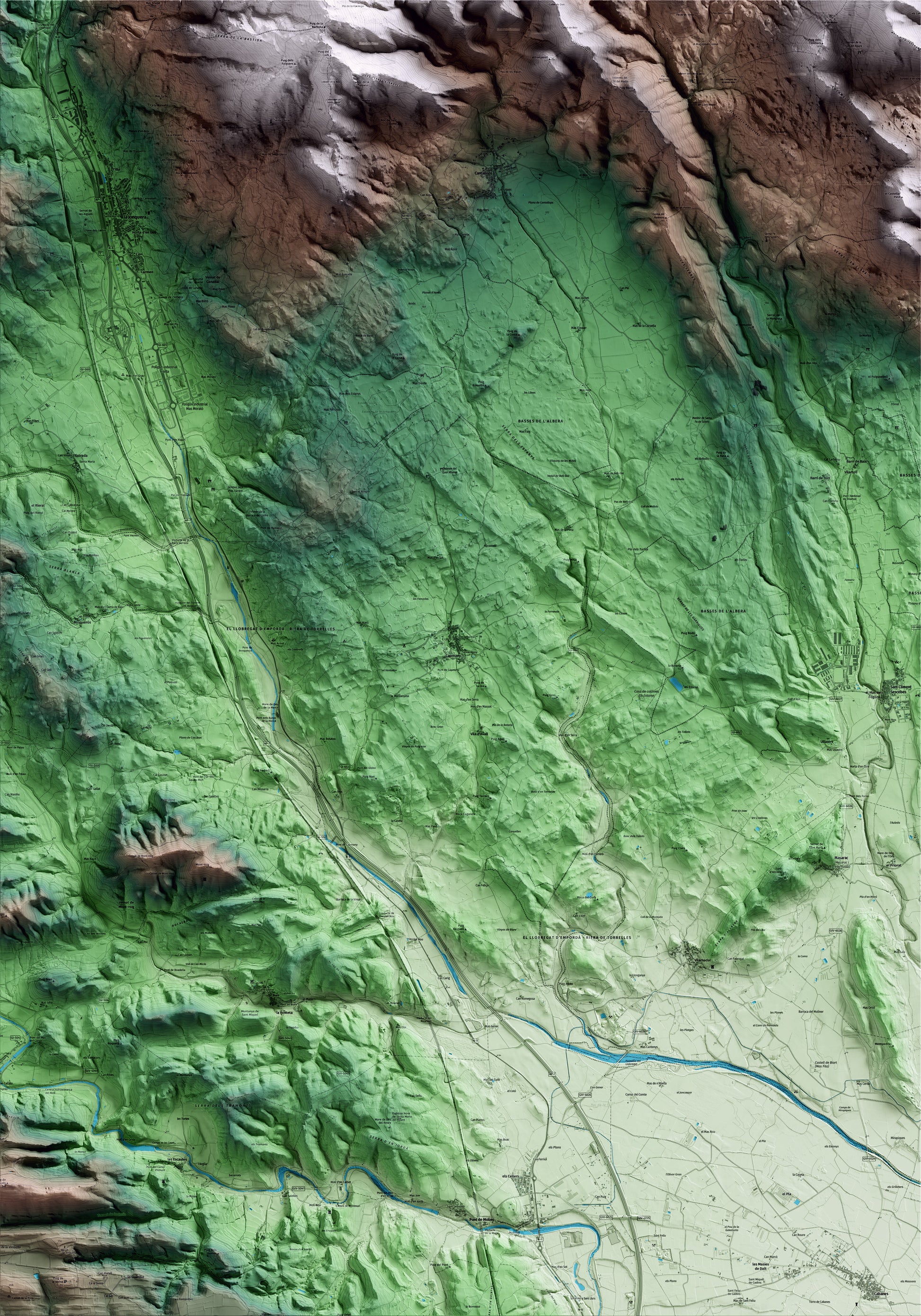 Mapa artístico del relieve de Capmany, al Alt Empordà, con 15 km de entorno y base topográfica ICGC