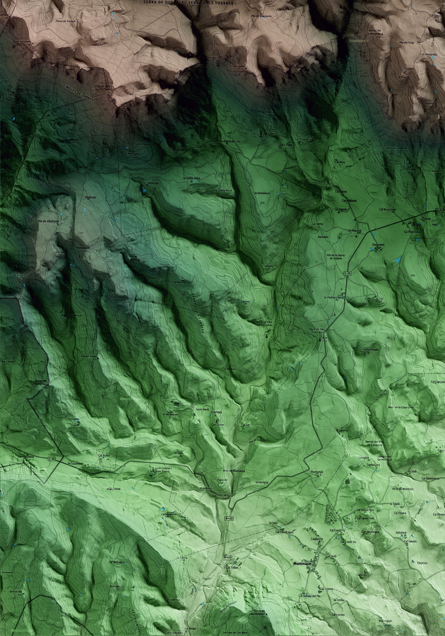Mapa artístico del relieve de Capolat, al Berguedà, con 15 km de entorno y base topográfica ICGC. Detalle de la zona inferior izquierda.