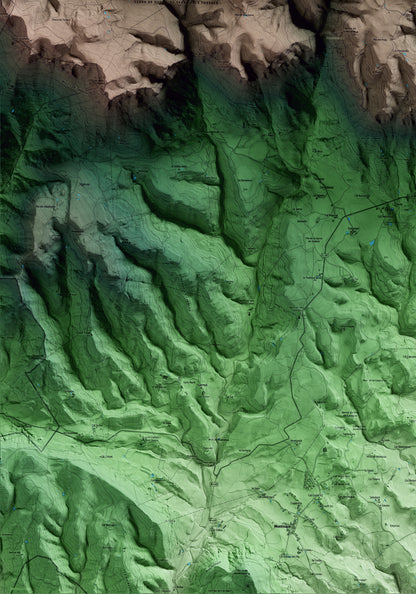 Mapa artístico del relieve de Capolat, al Berguedà, con 15 km de entorno y base topográfica ICGC. Detalle de la zona inferior izquierda.