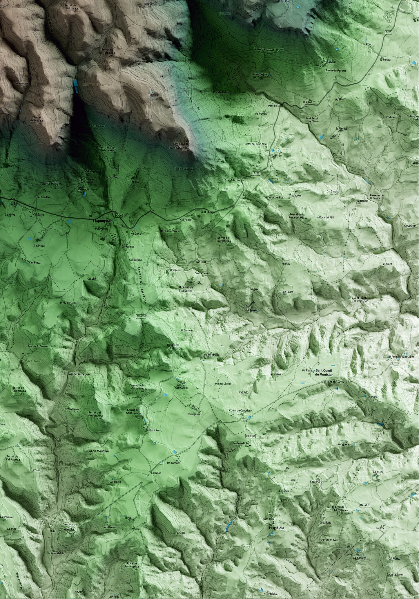 Mapa artístico del relieve de Capolat, al Berguedà, con 15 km de entorno y base topográfica ICGC. Detalle de la zona inferior derecha.
