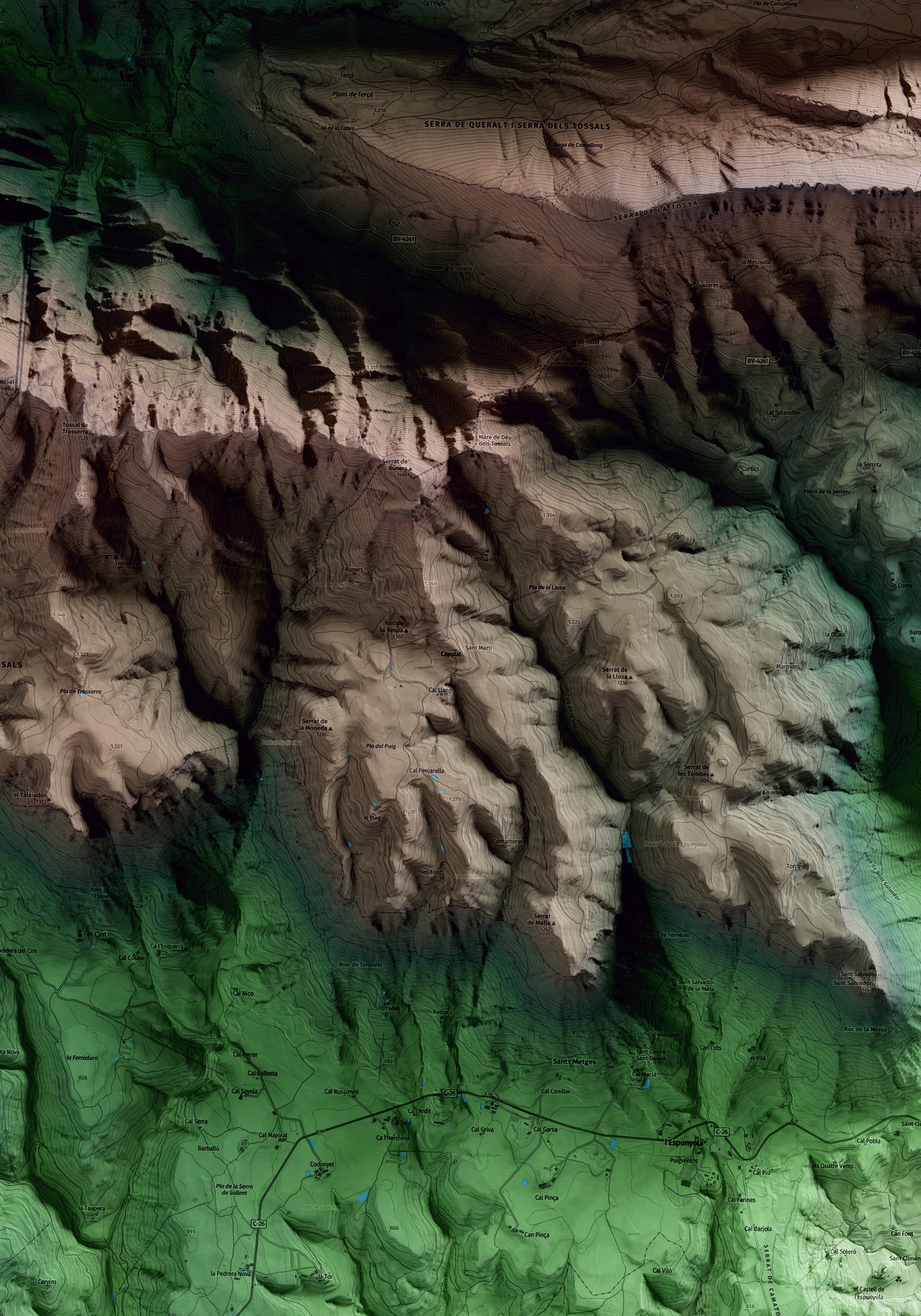 Mapa artístico del relieve de Capolat, al Berguedà, con 15 km de entorno y base topográfica ICGC. Detalle de la zona central.