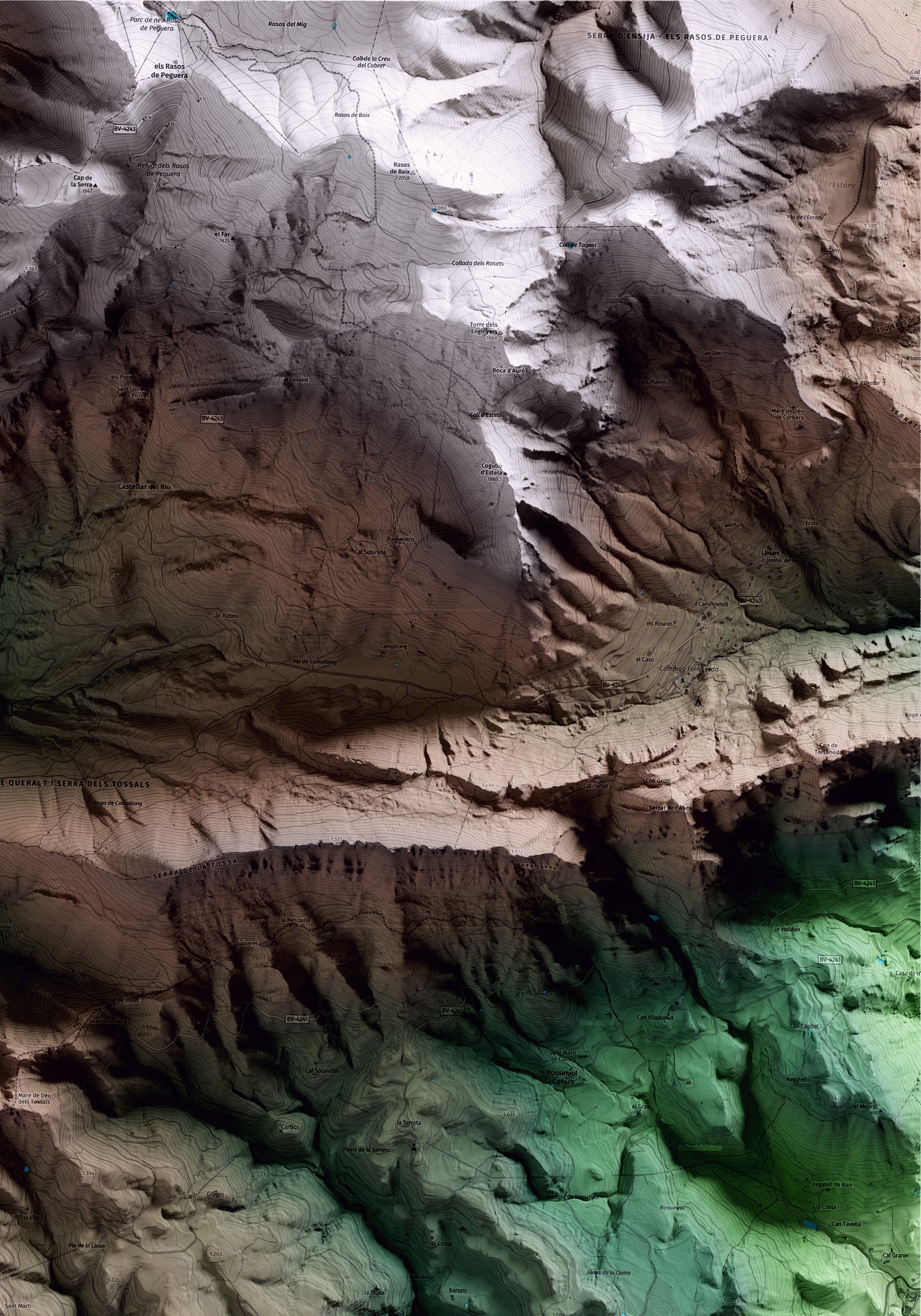 Mapa artístico del relieve de Capolat, al Berguedà, con 15 km de entorno y base topográfica ICGC. Detalle de la zona superior derecha.