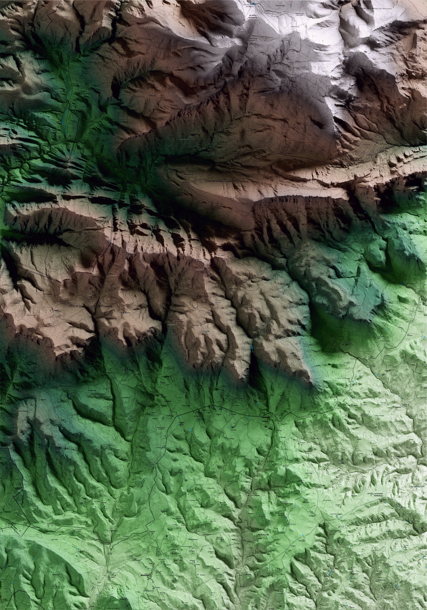 Mapa artístico del relieve de Capolat, al Berguedà, con 15 km de entorno y base topográfica ICGC