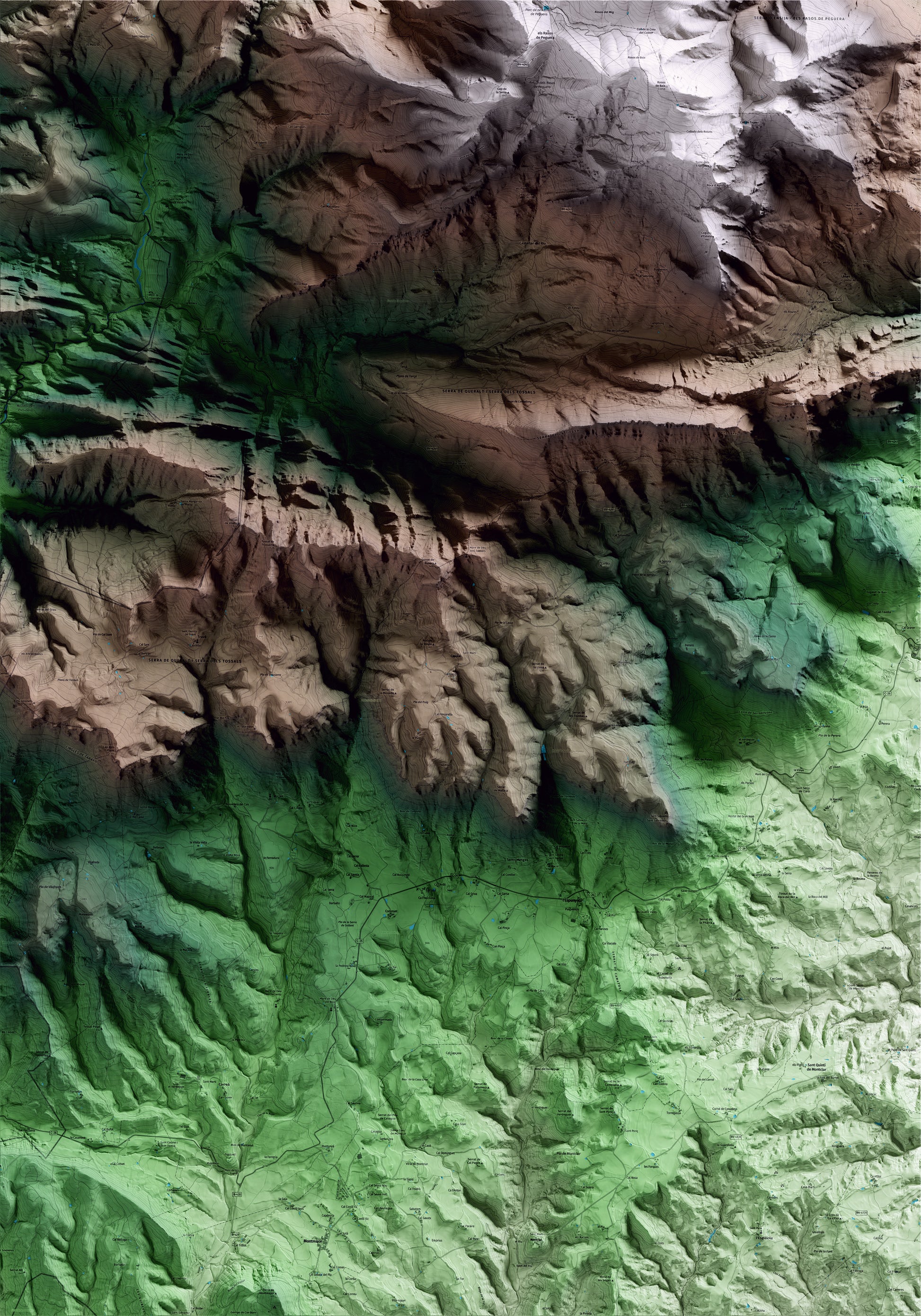 Mapa artístico del relieve de Capolat, al Berguedà, con 15 km de entorno y base topográfica ICGC