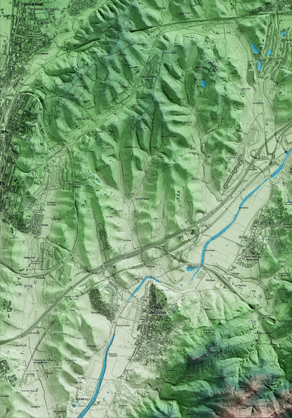 Mapa artístico del relieve de Cardedeu, al Vallès Oriental, con 15 km de entorno y base topográfica ICGC. Detalle de la zona inferior izquierda.