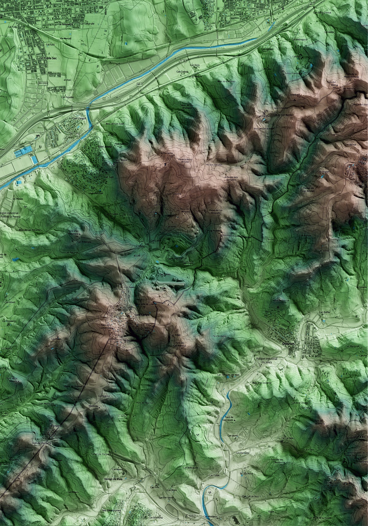 Mapa artístico del relieve de Cardedeu, al Vallès Oriental, con 15 km de entorno y base topográfica ICGC. Detalle de la zona inferior derecha.