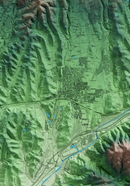 Mapa artístico del relieve de Cardedeu, al Vallès Oriental, con 15 km de entorno y base topográfica ICGC. Detalle de la zona central.