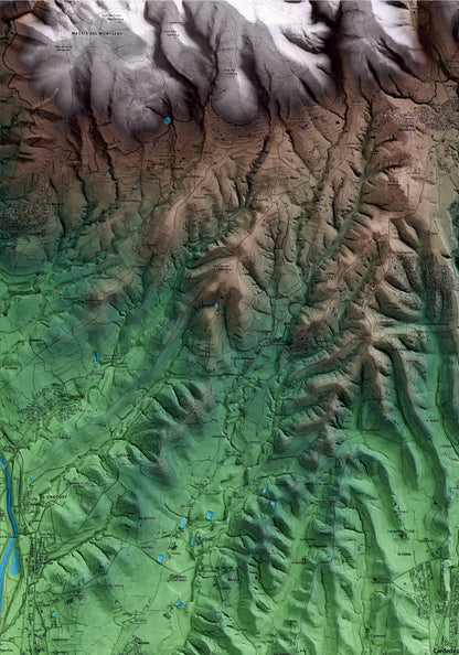 Mapa artístico del relieve de Cardedeu, al Vallès Oriental, con 15 km de entorno y base topográfica ICGC. Detalle de la zona superior izquierda.