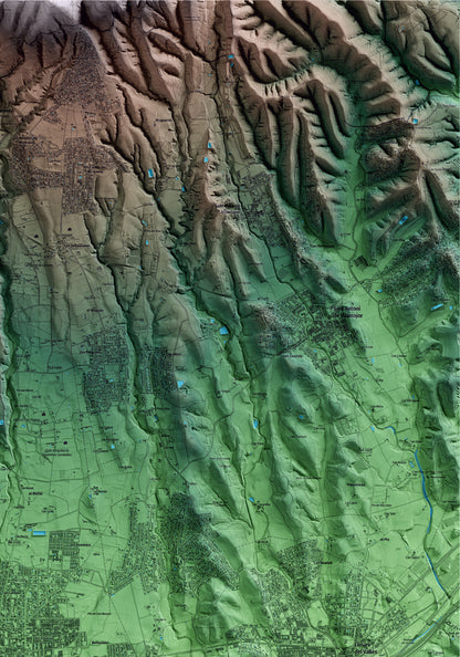 Mapa artístico del relieve de Cardedeu, al Vallès Oriental, con 15 km de entorno y base topográfica ICGC. Detalle de la zona superior derecha.
