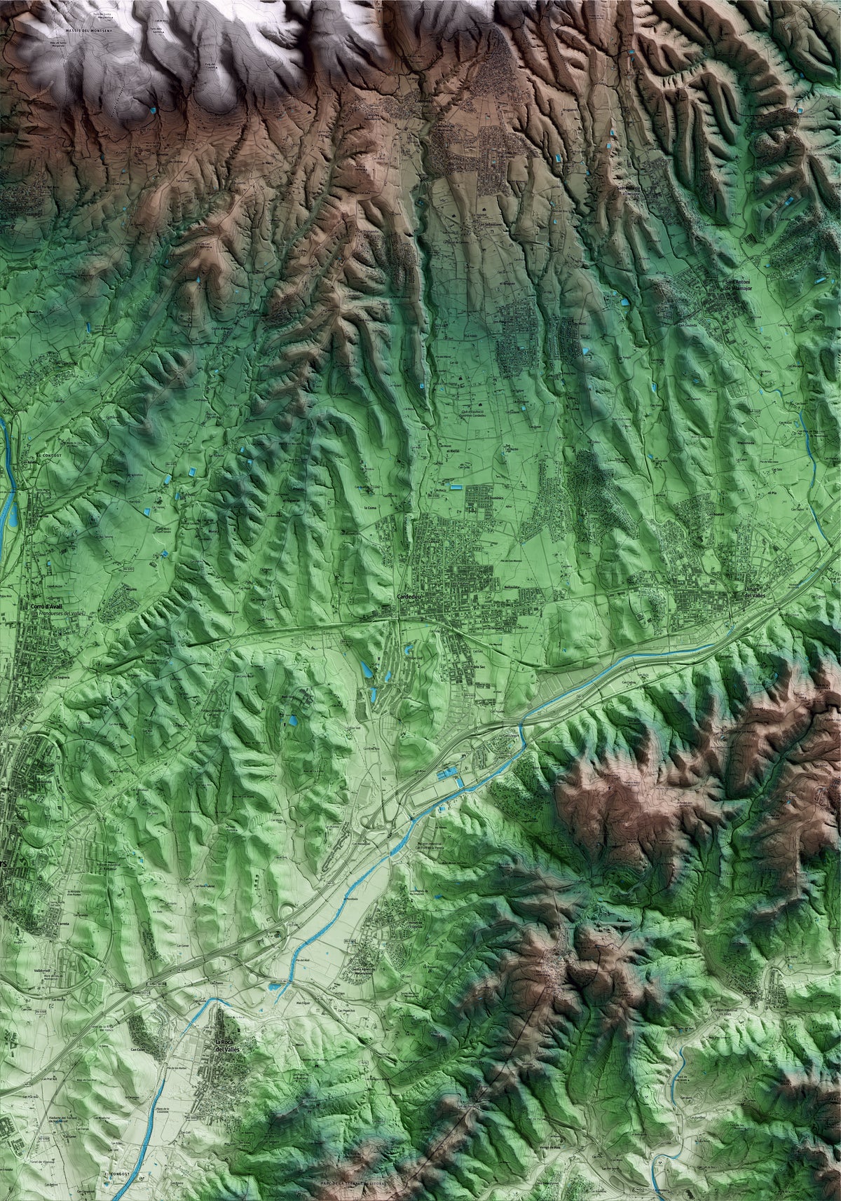 Mapa artístico del relieve de Cardedeu, al Vallès Oriental, con 15 km de entorno y base topográfica ICGC