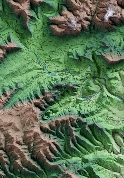 Mapa artístic del relleu de Cardona, al Bages, amb 15 km d’entorn i base topogràfica ICGC. Detall de la zona central.
