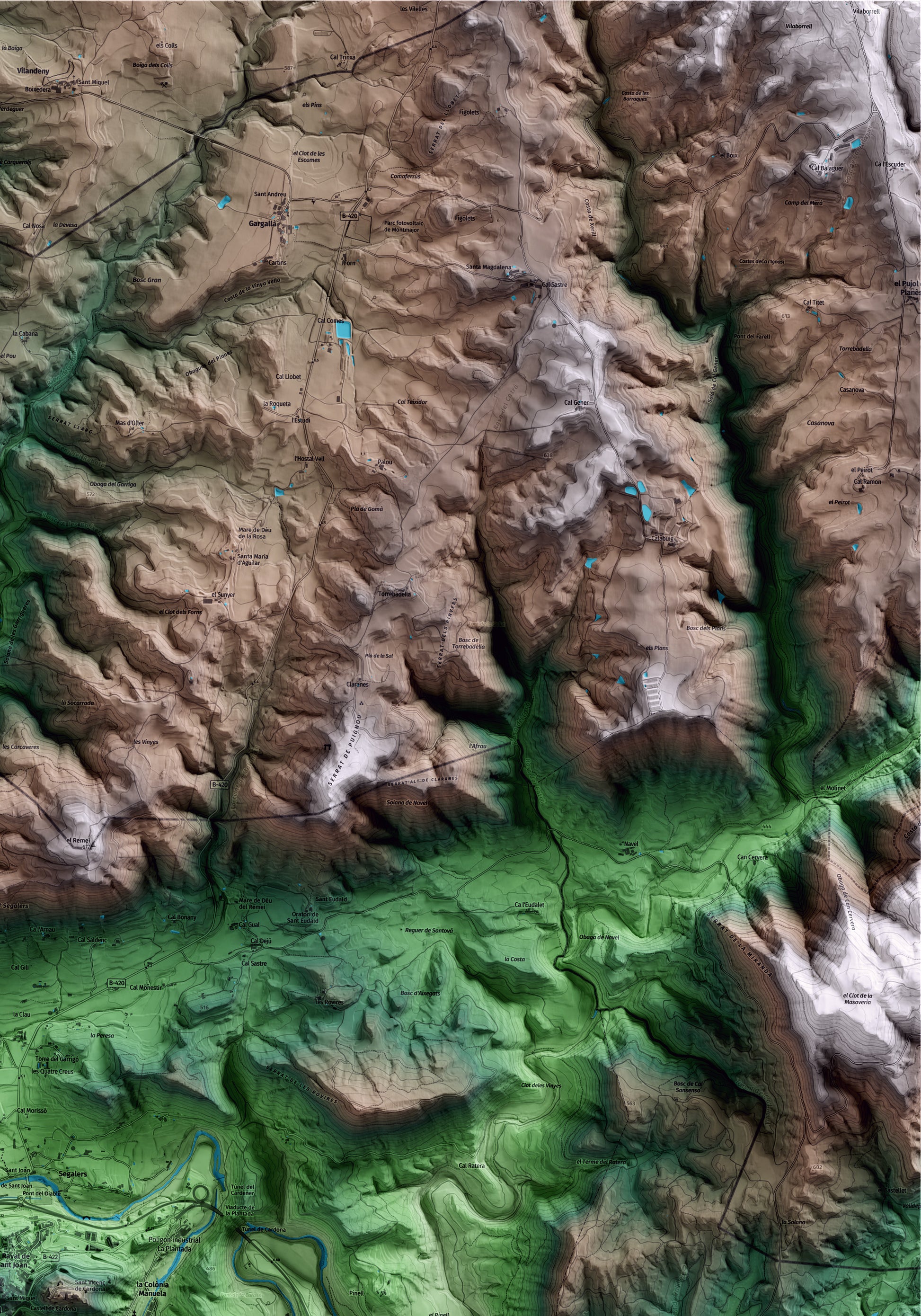 Mapa artístic del relleu de Cardona, al Bages, amb 15 km d’entorn i base topogràfica ICGC. Detall de la zona superior dreta.
