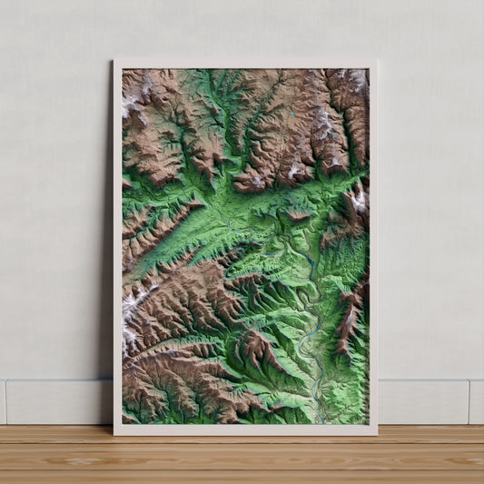 Mapa artístic del relleu de Cardona, al Bages, amb 15 km d’entorn i base topogràfica ICGC. Presentació emmarcada.