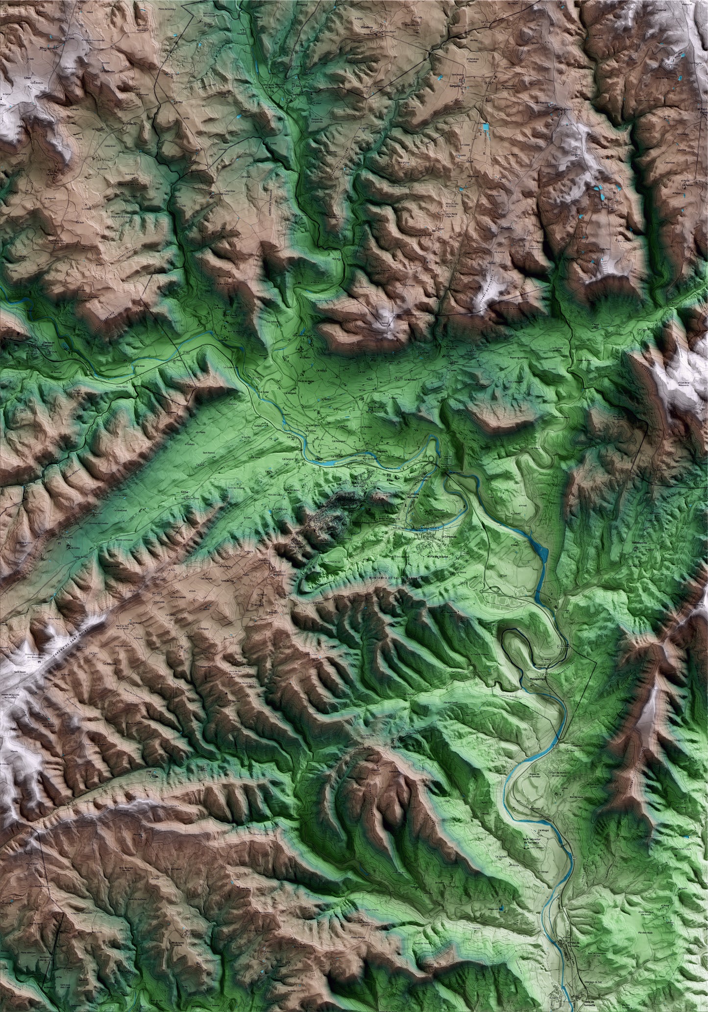 Mapa artístic del relleu de Cardona, al Bages, amb 15 km d’entorn i base topogràfica ICGC