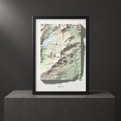 Mapa de relieve de Carlit, 2921 m, Cerdanya Nord, lámina 100 Cims de Trobart. Presentación enmarcada. 21 × 30 cm.