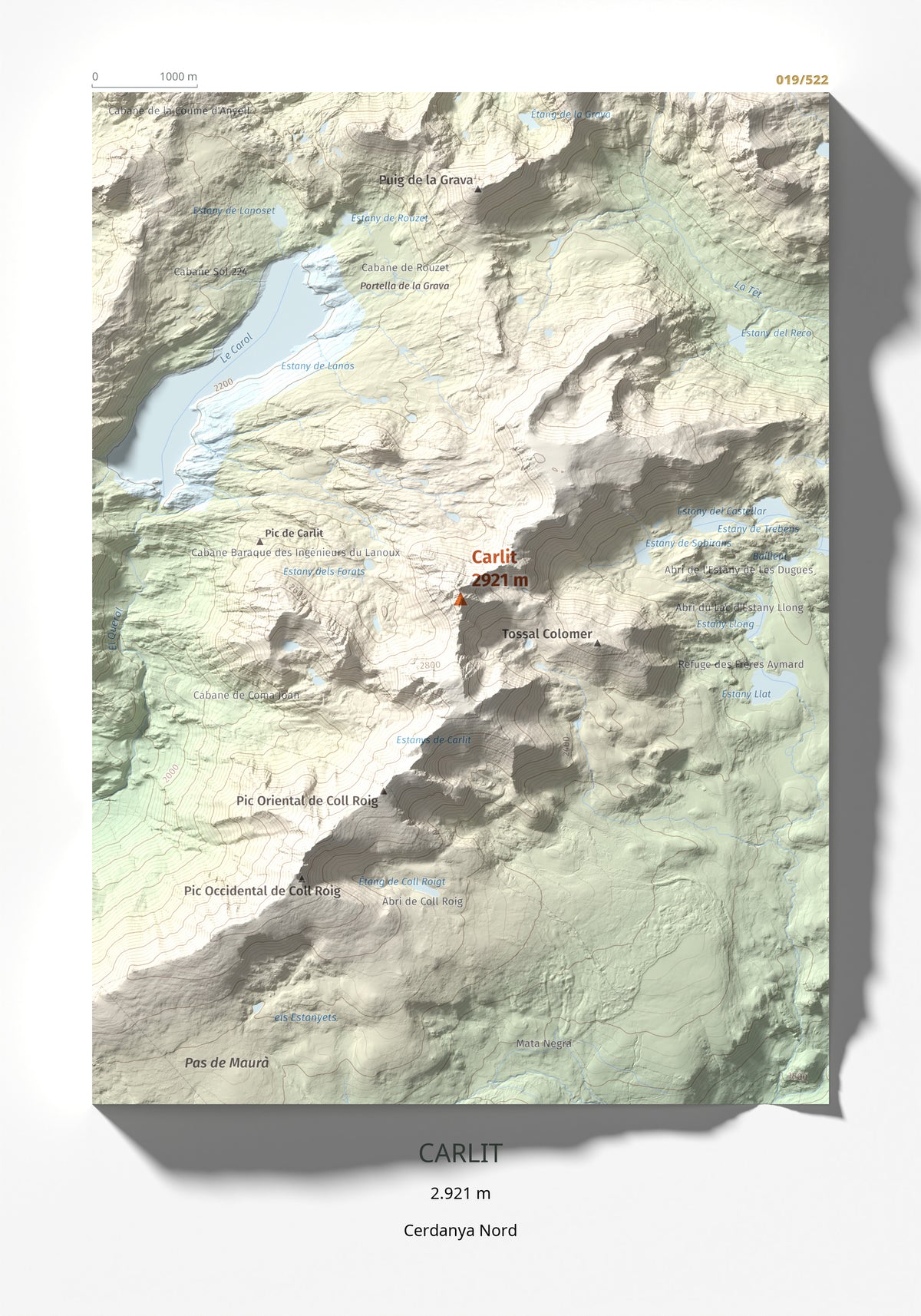 Mapa de relieve de Carlit, 2921 m, Cerdanya Nord, lámina 100 Cims de Trobart 21 × 30 cm.