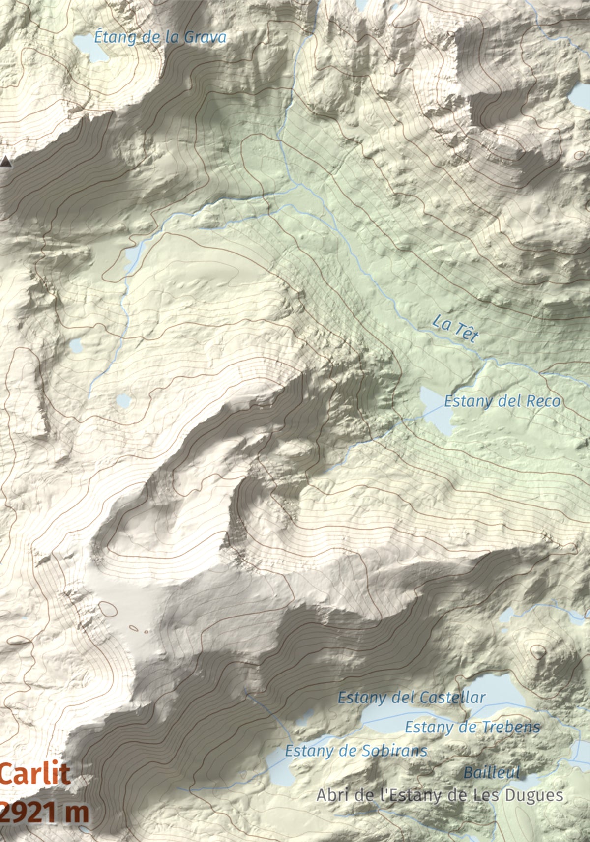 Mapa de relieve de Carlit, 2921 m, Cerdanya Nord, lámina 100 Cims de Trobart. Detalle de la zona superior derecha. 21 × 30 cm.