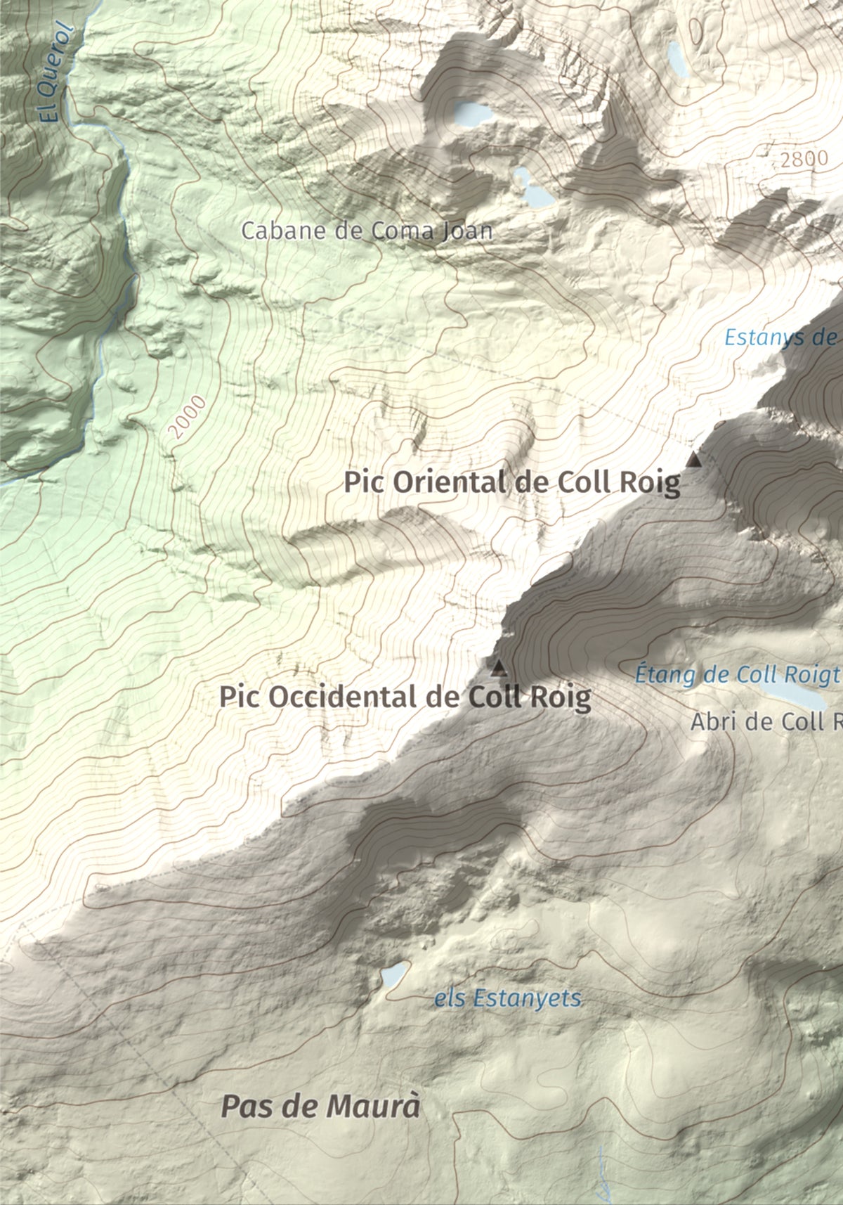 Mapa de relieve de Carlit, 2921 m, Cerdanya Nord, lámina 100 Cims de Trobart. Detalle de la zona inferior izquierda. 21 × 30 cm.