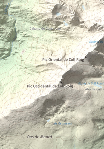 Mapa de relieve de Carlit, 2921 m, Cerdanya Nord, lámina 100 Cims de Trobart. Detalle de la zona inferior izquierda. 21 × 30 cm.
