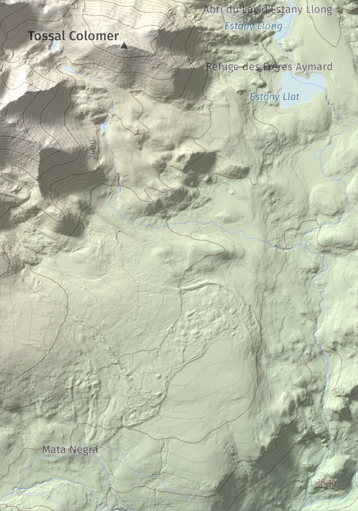 Mapa de relieve de Carlit, 2921 m, Cerdanya Nord, lámina 100 Cims de Trobart. Detalle de la zona inferior derecha. 21 × 30 cm.