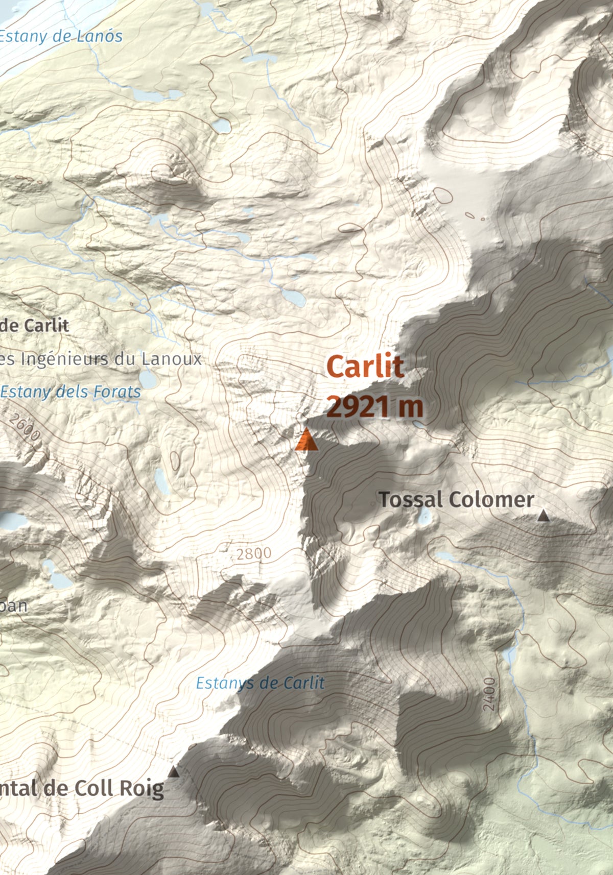 Mapa de relieve de Carlit, 2921 m, Cerdanya Nord, lámina 100 Cims de Trobart. Detalle de la zona central. 21 × 30 cm.