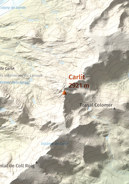 Mapa de relieve de Carlit, 2921 m, Cerdanya Nord, lámina 100 Cims de Trobart. Detalle de la zona central. 21 × 30 cm.