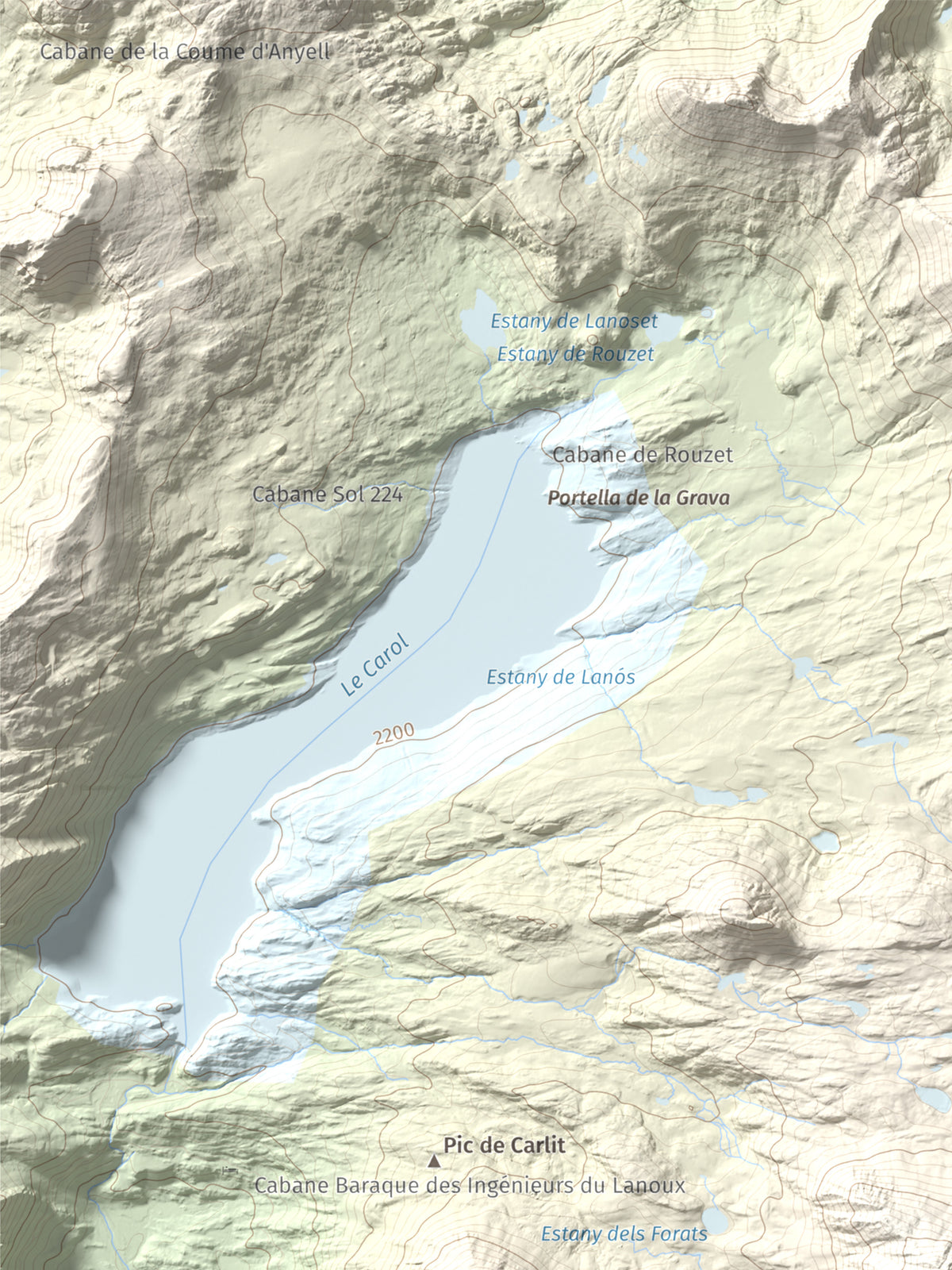 Mapa de relieve de Carlit, 2921 m, Cerdanya Nord, lámina 100 Cims de Trobart. Detalle de la zona superior izquierda. 30 × 40 cm.