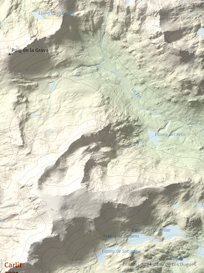Mapa de relieve de Carlit, 2921 m, Cerdanya Nord, lámina 100 Cims de Trobart. Detalle de la zona superior derecha. 30 × 40 cm.