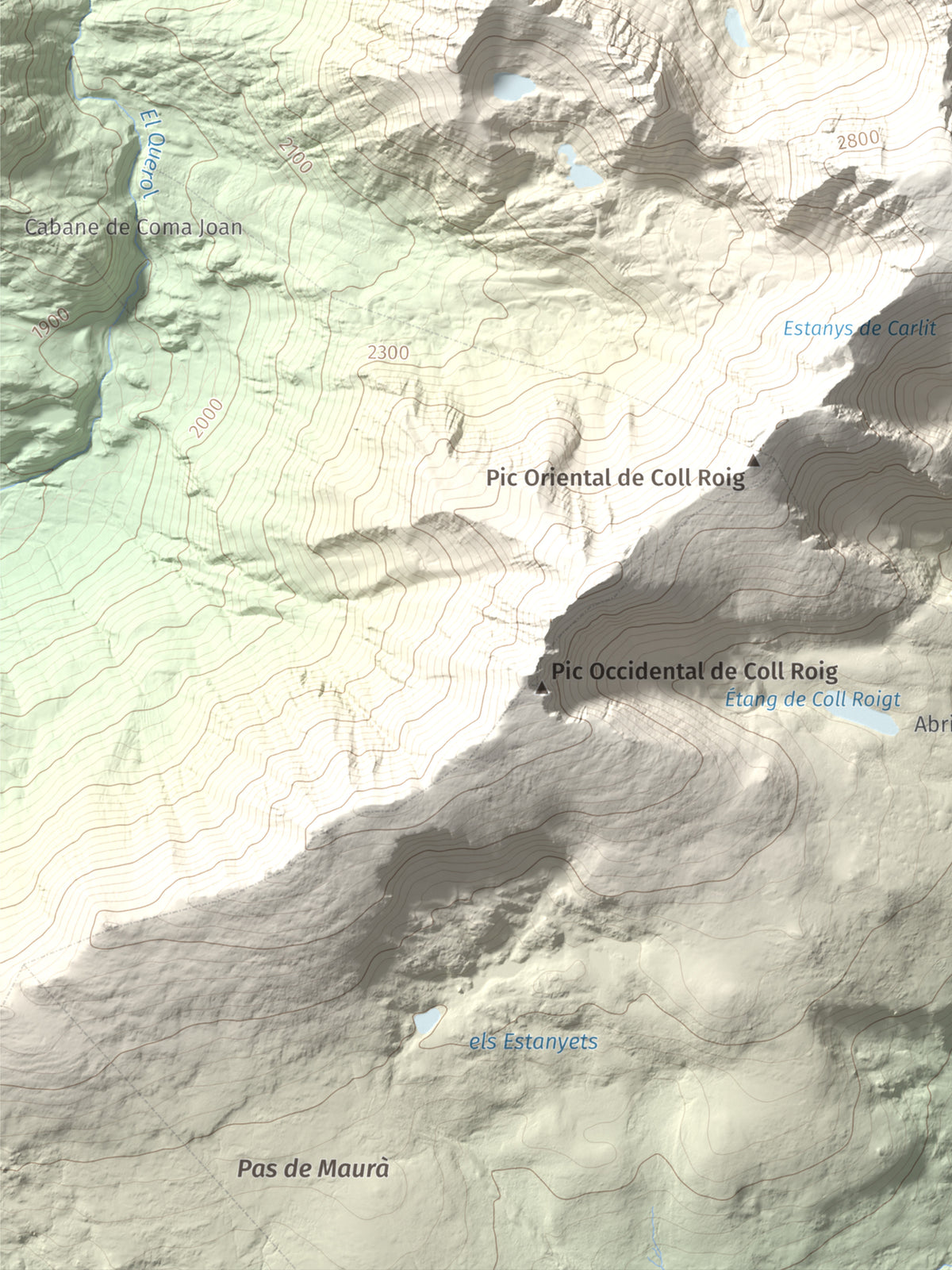 Mapa de relieve de Carlit, 2921 m, Cerdanya Nord, lámina 100 Cims de Trobart. Detalle de la zona inferior izquierda. 30 × 40 cm.