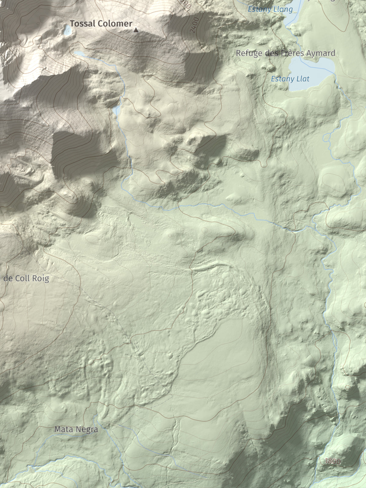 Mapa de relieve de Carlit, 2921 m, Cerdanya Nord, lámina 100 Cims de Trobart. Detalle de la zona inferior derecha. 30 × 40 cm.