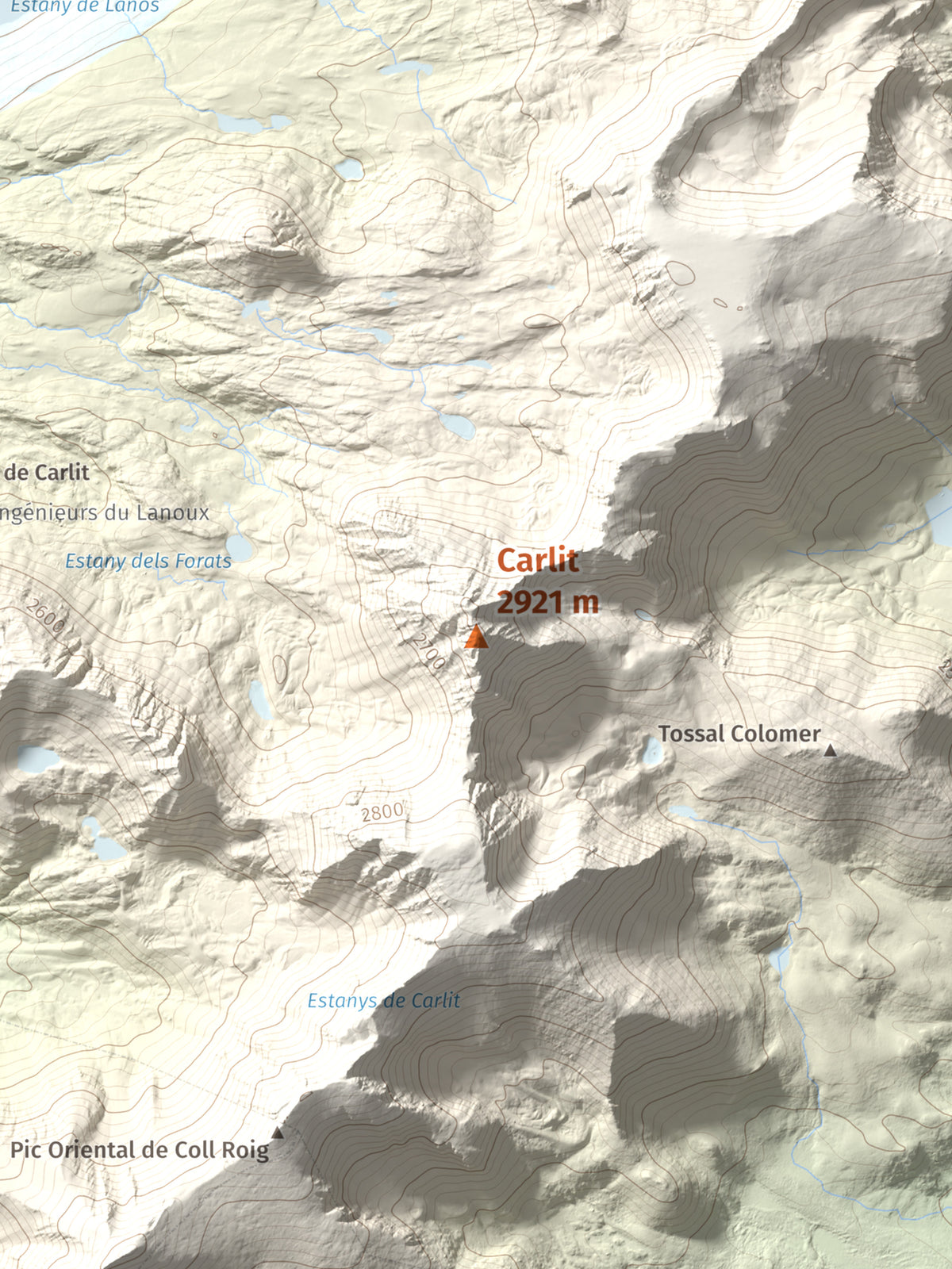 Mapa de relieve de Carlit, 2921 m, Cerdanya Nord, lámina 100 Cims de Trobart. Detalle de la zona central. 30 × 40 cm.