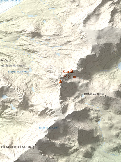 Mapa de relieve de Carlit, 2921 m, Cerdanya Nord, lámina 100 Cims de Trobart. Detalle de la zona central. 30 × 40 cm.